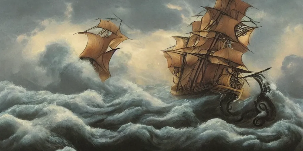 Image similar to kraken!!!!!!!!!!!!!!!! tentacles!!!!!!!!!!! stormy sea!!!!!! steamship boat dramatic clouds painting
