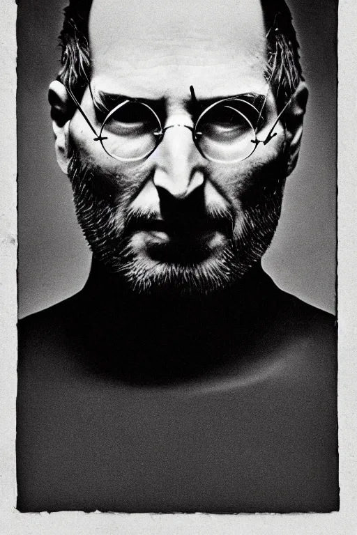 Image similar to steve jobs, outlaw, portrait, full body, symmetrical features, silver iodide, 1 8 8 0 photograph, sepia tone, aged paper, sergio leone, master prime lenses, cinematic