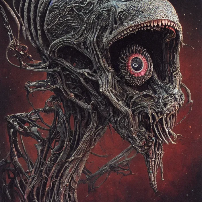 Image similar to space alien, slimy, glossy, sharp teeth, by h. r. giger, beksinski, nightmare fuel, nightmarish, intricate, highly detailed, optical illusion, stranger things demogorgon, volumetric lighting, flickering