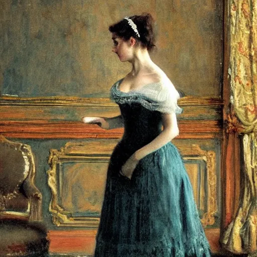 Image similar to victorian girl in ball gown absent - mind looking at her dance card, painting by alfred stevens