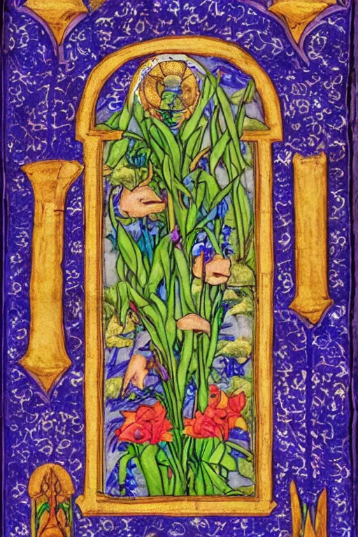 Image similar to vaporwave botanical medieval illuminated manuscript