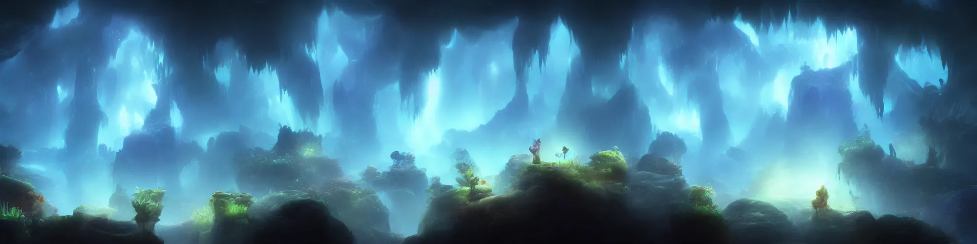 Image similar to huge crystal cave with cinematic lighting in the style of ori and the blind forest, highly detailed, digital art 4k, 8k