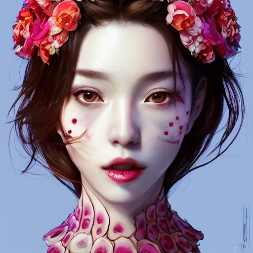 Prompt: the face of absurdly beautiful, graceful, elegant, sophisticated, sensual mature gravure idol made of strawberries and light - colored petals with tears, an ultrafine photorealistic illustration by kim jung gi, irakli nadar, intricate linework, bright colors, octopath traveler, final fantasy, unreal engine highly rendered, global illumination, radiant light, intricate environment