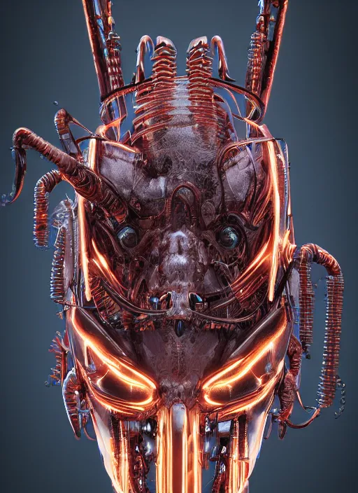 Image similar to a portrait up of a creepy looking biomechanical animal head, gigeresque cyberpunk art by ikuo hirayama, photorealism, octane render, behance hd, polycount, glowing fire background