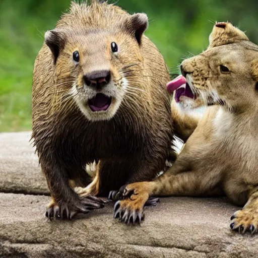 Image similar to a photo of a small beaver trying to take on a lion, the lion is scared.