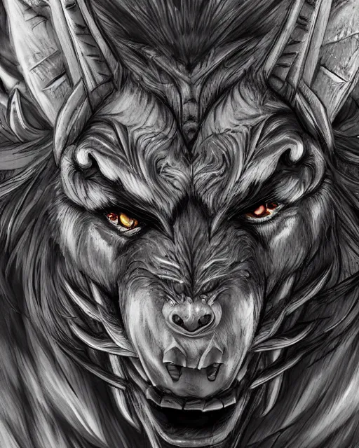 Image similar to A minotaur wolf, terrifying face, highly detailed face, close-up, fantasy art, monster art, in the style of masami kurumada, illustration, epic, fantasy, intricate, hyper detailed, artstation, concept art, smooth, sharp focus, ray tracing