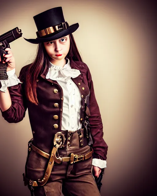 Image similar to Young girl in steampunk clothes, she wears boots and holds a gun, full body shot, sharp focus, photography, very detailed, dark hair, by nikon, by Iphone, 4k