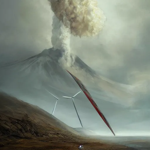 Image similar to still life painting of a wind-turbine getting hit by a volcano, by Greg Rutkowski, iceland landscape, dramatic lighting, epic, gargantuan, intricate detail, trending on artstation