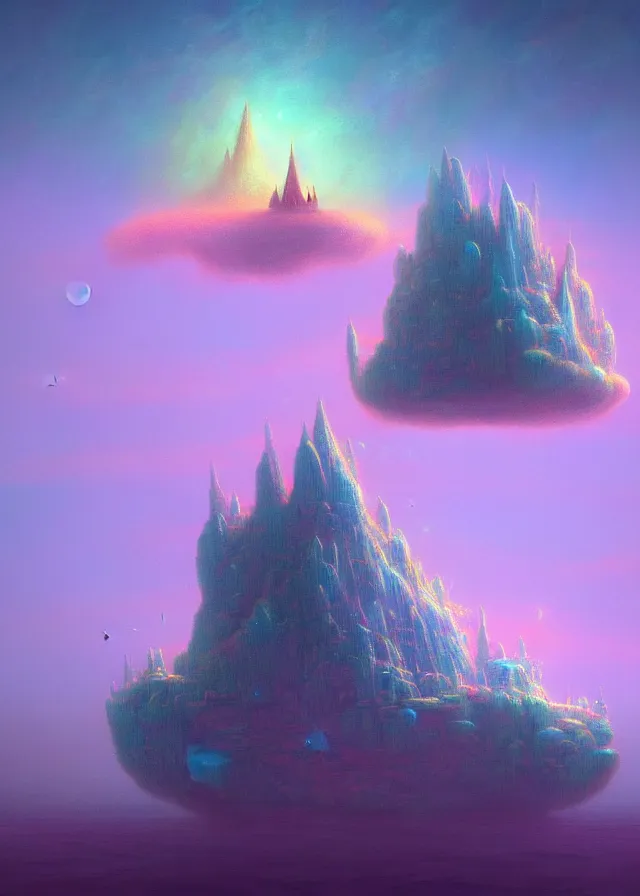 Prompt: an ultra detailed midjourney concept digital art painting of a singular floating island with a castle, flying citadel levitating across space in a misty pearlescent nebula by paul lehr kazumasa uchio situated in a starry expanse of bioluminescent cosmic worlds by beksinski and beeple, ecological art, flying citadel with towers, trending on artstation