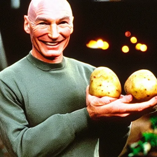 Image similar to captain picard smiling holding holding a potato, still from 9 0 s tv - show