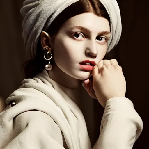 Image similar to behind the scenes of girl with a pearl ear ring by vermeer cinematic lighting vogue cover shoot, detailed face, headshot and body shot, taken in the 1600s, very very very very detailed face, beautiful nostalgic quality