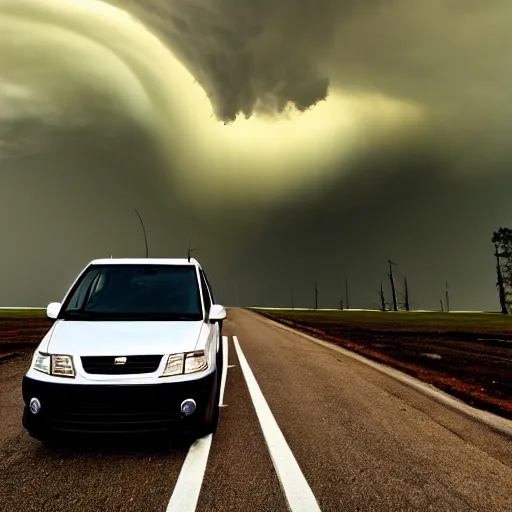 Prompt: white minivan driving away from a tornado, 4k, realism