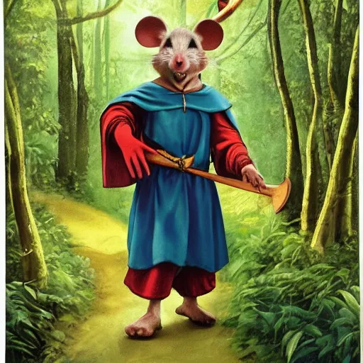 Image similar to an adventurous anthropomorphic mouse wearing medieval clothing walking through a lush forest, Alex Ross