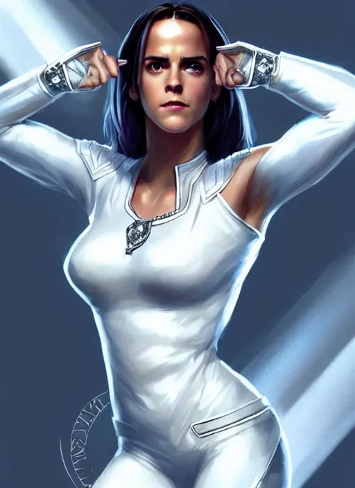 Image similar to full body portrait of marvel cinematic universe emmawatson as aaliyah haughton, x - men, emma frost, elegant, diamonds!! super hero, white outfit, diamond skin, highly detailed!! digital painting, artstation, glamor pose, concept art, sharp focus, illustration, art by artgerm and greg rutkowski, artey freytag