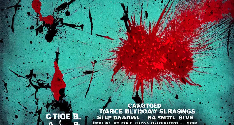 Image similar to category b film poster with trace of a shots in centre, seamless texture, several blood splatter on the sides, focus render, grainy tape, distortion, few details, illustrations, vhs effect