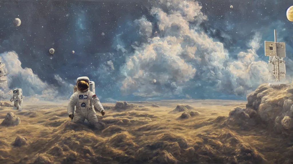 Image similar to an astronaut among goliaths in a landscape, oil on canvas, painting, 4k, wide shot