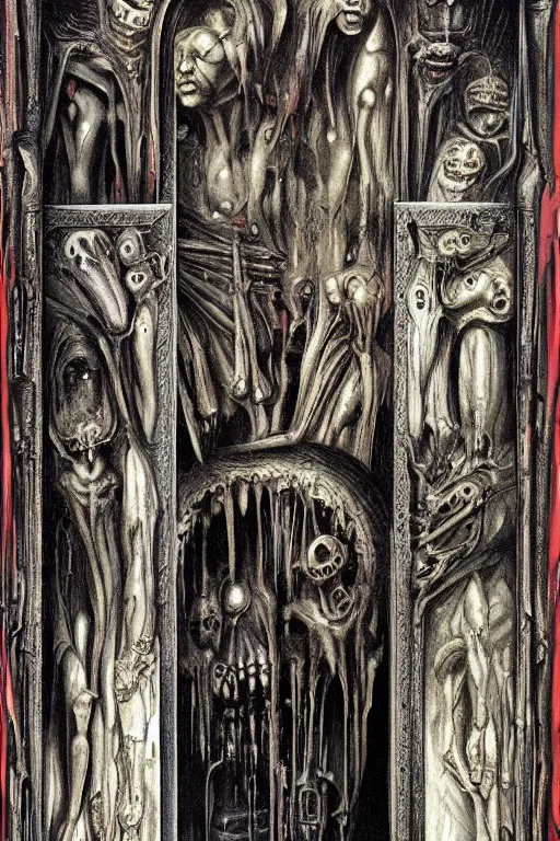 Prompt: the great door of hell, intrincate details, flesh and blood, painted by h. r. giger