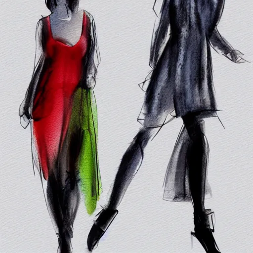 Prompt: model fashion show, cat walk, artstation, sketch in watercolors.