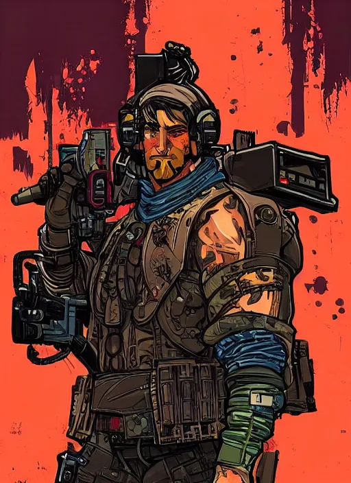 Image similar to buff cyberpunk mercenary. portrait illustration, pop art, splash painting, art by ashley wood, alphonse mucha, laurie greasley and josan gonzales ( apex legends )