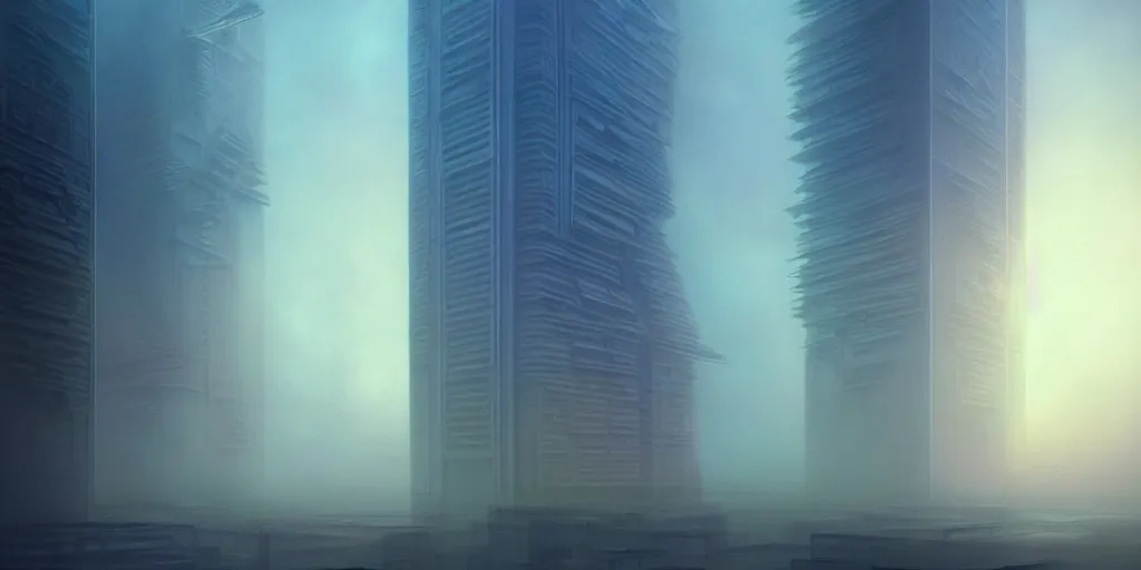 Prompt: concept art of a vaporwave skyscraper in the shape of a human spine, illuminated dense fog, depth of field, cinematic dramatic lights, deep focus, intricate, elegant, highly detailed, foggy, mysterious, digital painting, artstation, concept art, matte, sharp focus, art by artgerm and greg rutkowski and alphonse mucha