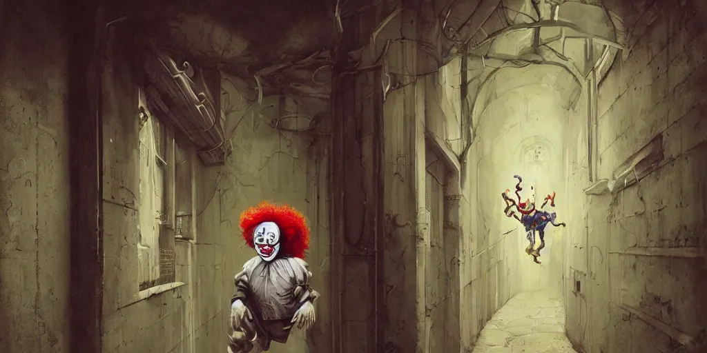 Image similar to a clown portrait in cloistered alleyway dreaming of a circus, in the style of peter mohrbacher by weta digital and francis bacon, high face symmetry, intricate, masterpiece, award winning, high face symmetry, intricate