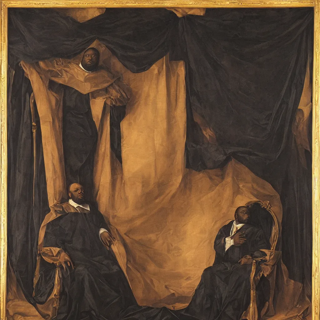 Image similar to Large black man sitting on throne wrapped in silk, background made of large folding curtains, dimly lit, dark, renaissance painting, style of carrivagio