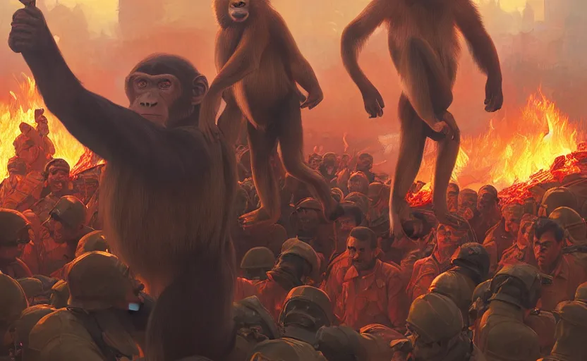 Prompt: vladimir putin as a monkey with his comrades on fire in the background photojournalism, ultra detailed, 8 k resolution, realistic painting, symmetrical, highly detailed, digital painting, artstation, concept art, smooth, sharp focus, illustration, cinematic lighting, art by artgerm and greg rutkowski and alphonse mucha