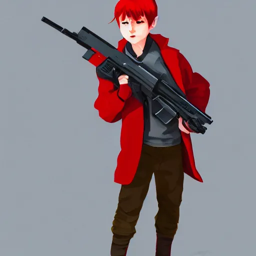 Image similar to a concept art of a boy with red hair holding a gun, highly detailed, digital painting, artstation, concept art, smooth, sharp focus, illustration