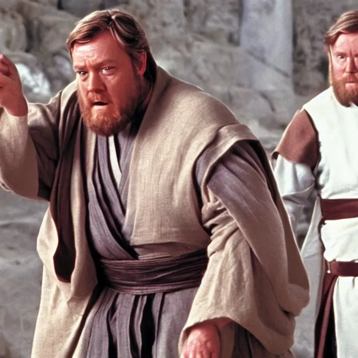 Image similar to obi wan kenobi but obese!! and overweight, photoralistic rendering, movie still, screenshot, hyperdetailed