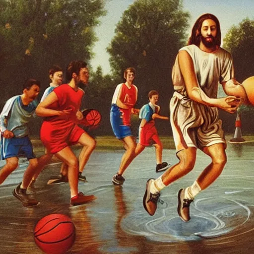 Image similar to A photo of jesus playing basketball while running on water