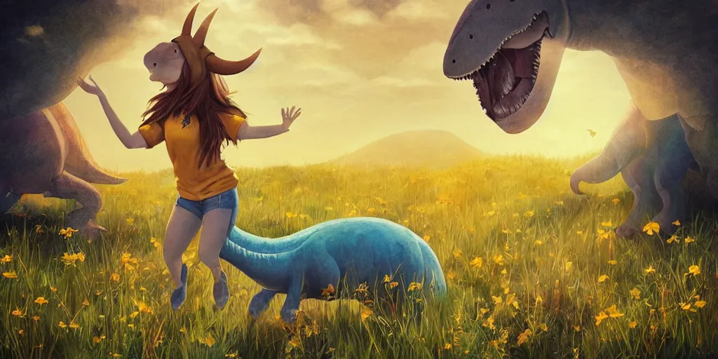 Prompt: “young woman with brown hair, floppy animal ears and short horns, a yellow t-shirt and blue overalls riding a dinosaur in a beautiful field, lo-fi digital art, beautiful composition, trending on artstation and deviantart, masterpiece”