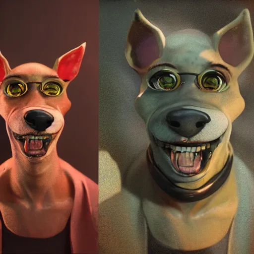 Image similar to hyperrealistic mixed media image of courage the cowardly dog, stunning 3 d render inspired art by istvan sandorfi and greg rutkowski, perfect facial symmetry, realistic, highly detailed attributes and atmosphere, dim volumetric cinematic lighting, 8 k octane extremely hyper - detailed render, post - processing, masterpiece,