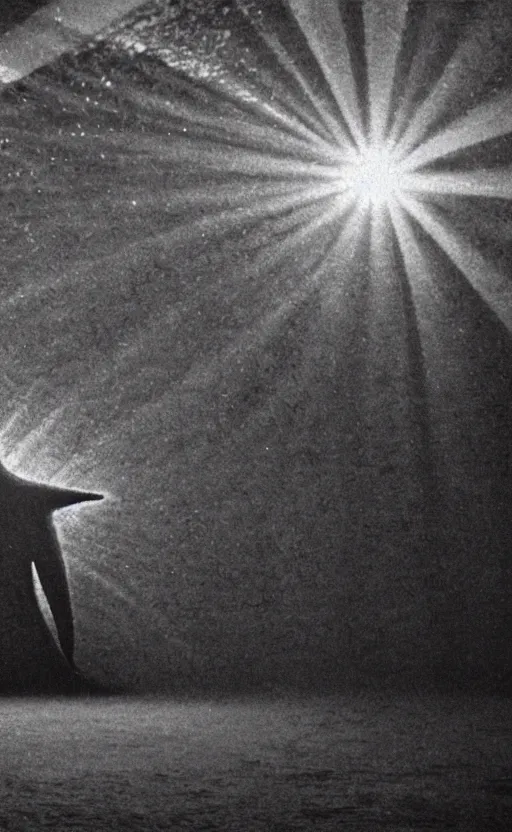 Image similar to light coming out of one starfish - like kaiju anthropomorphic monster, korean film noir by kim jong - il, korean traditional palace, pyongyang city, 1 9 6 0 s, red color bleed, 4 k, video compression, video glitch, monochrome, akira kurosawa, mamoru oshii, wes anderson, stanley kubrick