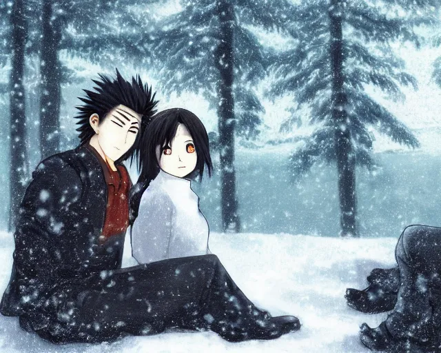 Image similar to hijikata toushirou, of a boy with short black hair and a girl with long flowing auburn hair sitting together on the porch of a cabin on a mountain overlooking a snowy forest. atmospheric lighting, long shot, romantic, boy and girl are the focus, cold lighting, snow, portrait, close up, concept art, intricate details, highly detailed by wlop