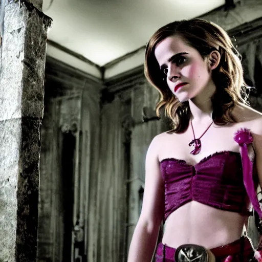 Image similar to Emma Watson as Jinx ,Arcane, cinematic, Wide-shot, atmospheric lighting, directed by Quentin Tarantino, movie still