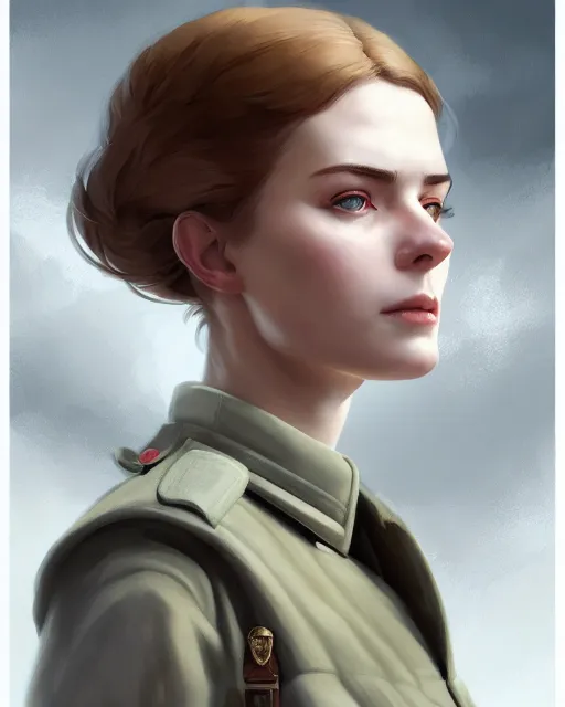 Prompt: beautiful nordic woman wearing world war 1 uniform, beautiful, detailed portrait, cell shaded, 4 k, concept art, by wlop, ilya kuvshinov, artgerm, krenz cushart, greg rutkowski, pixiv. cinematic dramatic atmosphere, sharp focus, volumetric lighting, cinematic lighting, studio quality