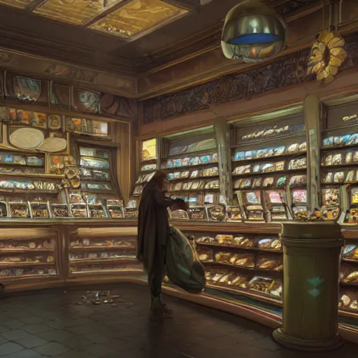 Image similar to modern coin shop with a lot of coins, 4 k, octane, digital painting, artstation, concept art, sharp focus, illustration, art by artgerm and greg rutkowski and alphonse mucha