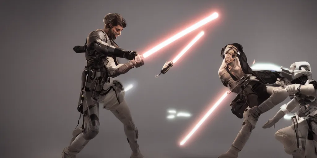 Image similar to epic lightsaber battle, volumetric lighting, hyper realistic, octane render