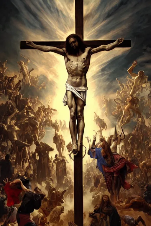 Image similar to realistic photo of the apocalypse, in the center of the image christ crucified and dismembered by demons, in the heavens horsemen of the apocalypse wreak havoc, deep focus, intricate, elegant, highly detailed, digital painting, art station, concept art, matte, sharp focus, illustration, art by artgerm and greg rutkowski and alphonse mucha