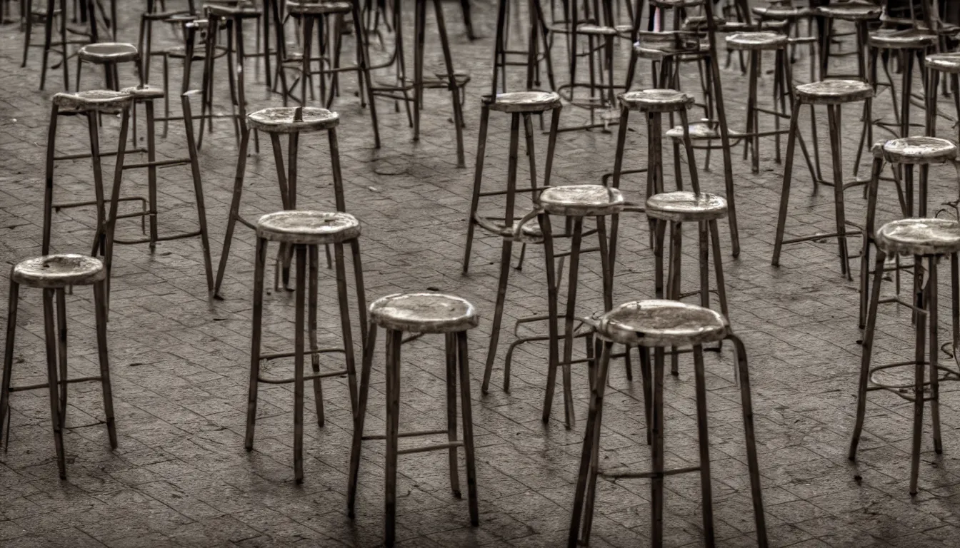 Prompt: empty fair, stools, no people, sad, melancholic, depressing, very detailed, emotional, 4 k