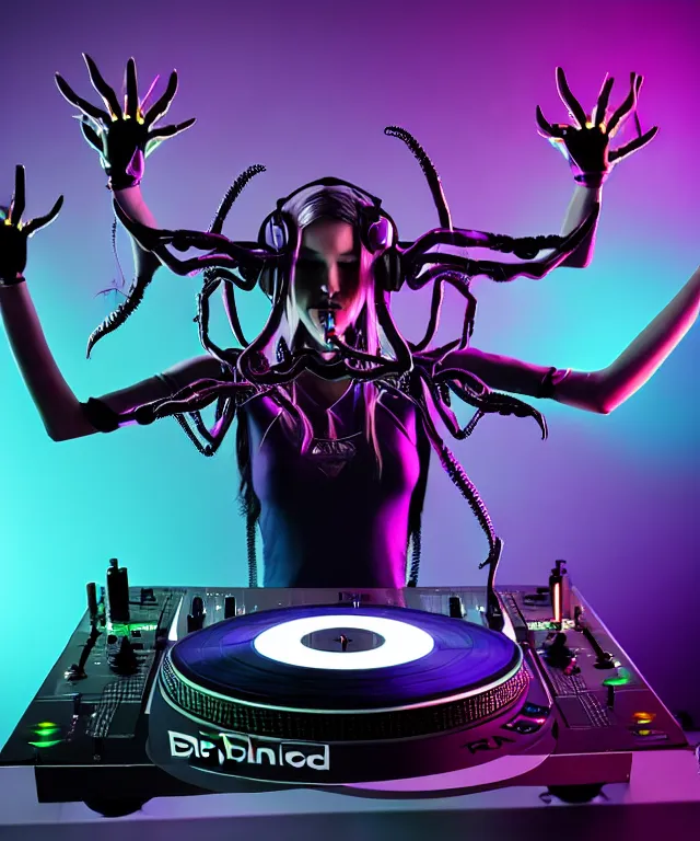 Prompt: android female DJ with 8 arms, plays on 8 turntables at once, records in each hand. technics, Turntablist, hip-hop, scratch DJ, rave, performance, DMC Championships, future, cheering crowds, sell out event, loud music, sci-fi, fire eyes, face, blue and purple hair, intricate, elegant, highly detailed, RayTracing, digital painting, artstation, concept art, smooth, sharp focus, illustration, art by artgerm and greg rutkowski and alphonse mucha