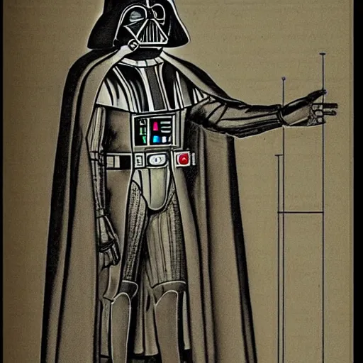 Image similar to darth vader ’ s suit schematic drawn by da vinci, mechanical drawing