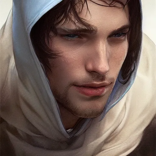 Image similar to ultra realistic illustration, a young man in a white hood, with brown hair, with blue eyes, intricate, elegant, highly detailed, digital painting, artstation, concept art, smooth, sharp focus, illustration, art by artgerm and greg rutkowski and alphonse mucha