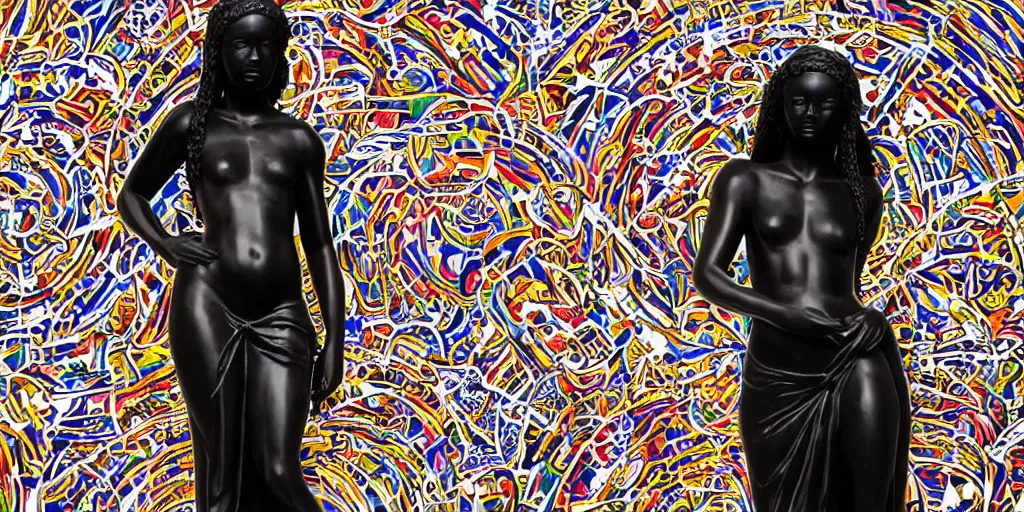 Image similar to masterpiece of a glossy black marble statue of an african girl with colorful african pattern logos in the background in the style of virgil abloh, very very beautiful, detailed, realistic carved marble statue, fine art, off white, heron preston, techno, rave, 8 k, 4 k, detailed, realistic, beautiful, symmetrical, vogue, paris, fashion