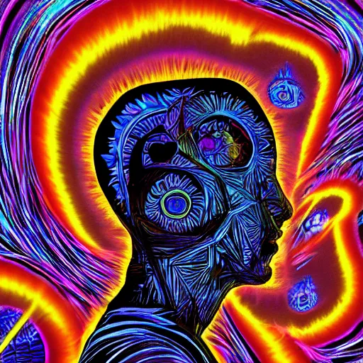 Prompt: silhouette of man, facing a bright blue evil spirit, psychedelic, 8K digital art, award winning