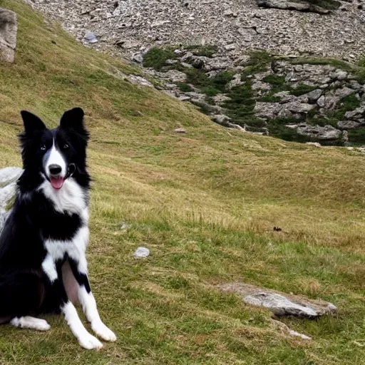 Image similar to a border collie sat outside a mountain cottage