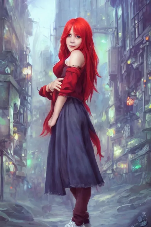 Image similar to beautiful cute red haired joyful and playful nineteen year old girl standing up in casual green clothing, long hair, modern city, rpg character, sci - fi, fantasy, intricate, elegant, digital painting, artstation, concept art, smooth, 8 k frostbite 3 engine, ultra detailed, art by artgerm and greg rutkowski and magali villeneuve