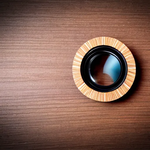 Prompt: lens aperture blades made of walnut wood. minimal. dramatic lighting.