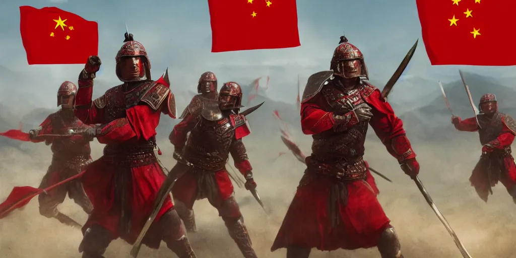 Image similar to mid shot cinematic artwork of an ancient Chinese army wearing red armor and holding red flags on the battlefield by greg rutowski, masterpiece, 4k