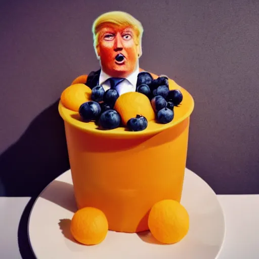 Image similar to edible donald trump made of lemon skin for hair, cake and orange pieces for the face, blueberries and whipped cream for the suit, from the beautiful'food art collection ', dslr